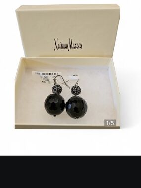 NWT Neiman Marcus Black Faceted Ball Drop Earrings Vintage Pierced Earrings
